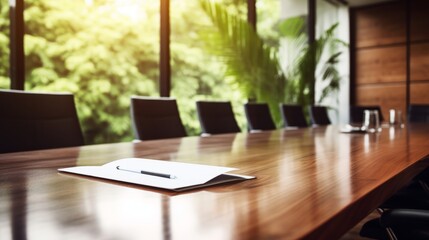 An empty conference room with a polished wooden table