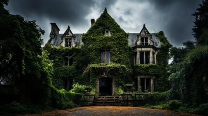 Fototapeta na wymiar Creepy mansion with ivy covered walls and a dark sky