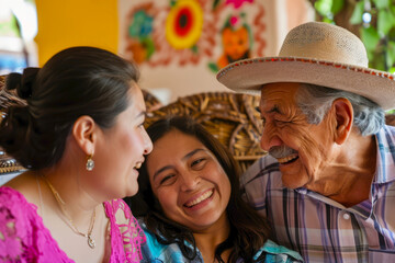 Heartwarming scene featuring a multi-generational Mexican family sharing laughter and tradition during Cinco de Mayo festivities.