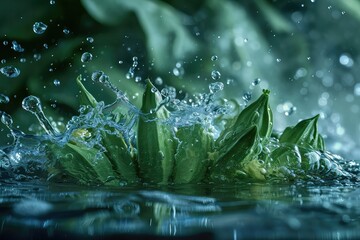 Okra In Water Surreal And Forming A Splash Falling Into The Water Realistic Scene