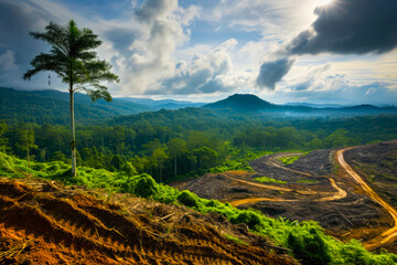  Logging activities juxtaposed with untouched forests, highlighting the environmental consequences of deforestation.