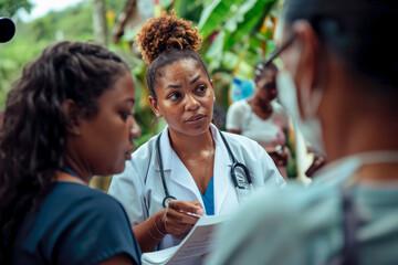 Medical professionals establishing a mobile clinic in the midst of a disaster zone, providing essential healthcare services.