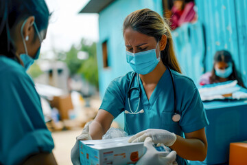 Healthcare Workers Providing Aid and Supplies: Medical professionals distributing relief supplies, showcasing the comprehensive support provided in crisis scenarios.