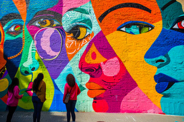 Vibrant mural depicting feminist symbols promoting safety and awareness against domestic violence...