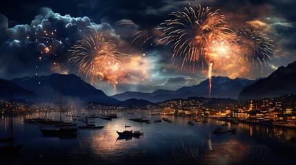 Fireworks and crowds of spectators celebrating the New Year - obrazy, fototapety, plakaty