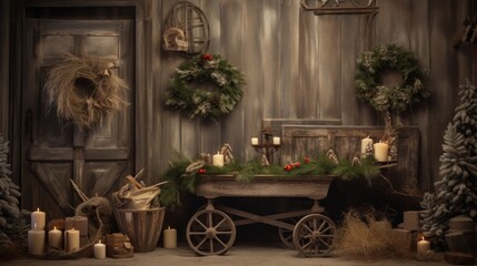 Fototapeta na wymiar Rustic christmas holiday scene with vintage decorations