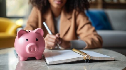 A pink piggy bank, a woman in the living room writing her household budget in a notebook
