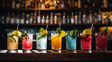 Fototapeta na wymiar Cocktails in a row at a busy bar