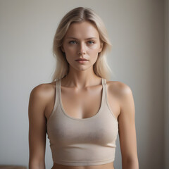 Fototapeta premium portrait of a woman in a Crop top & underwear with a neutral face. Soft natural gray background 