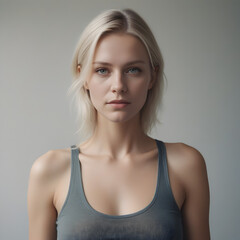 portrait of a woman in a Crop top & underwear with a neutral face. Soft natural gray background 