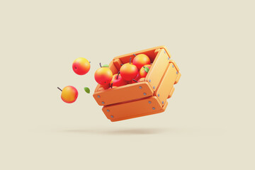 Minimal stylized brown wooden box with fresh ripe yellow red apples, green leaves floating in the air. Autumn harvest at farm. Healthy fruit snacks for nutrition, vitamins. 3d render in pastel colors.