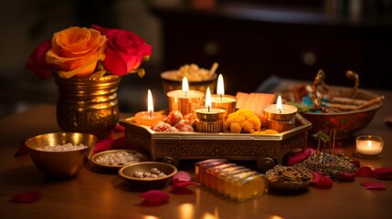 Obraz na płótnie Canvas Diwali puja with offerings and incense