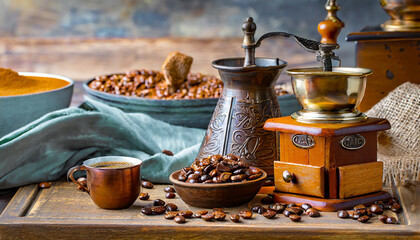 coffee grinder and coffee beans - obrazy, fototapety, plakaty