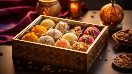 Diwali sweets and treats in a decorative box
