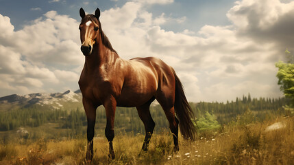 A majestic brown horse in a field