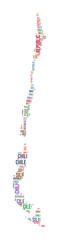 Chile country shape word cloud. Typography style country illustration. Chile image in text cloud style. Vector illustration.