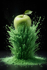 powder explosion photography of a apple, green powder 