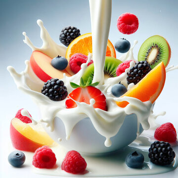 Milk Splash with Fresh Fruits and Berries on White Background