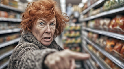 Fototapeta premium Stern older woman points in grocery aisle