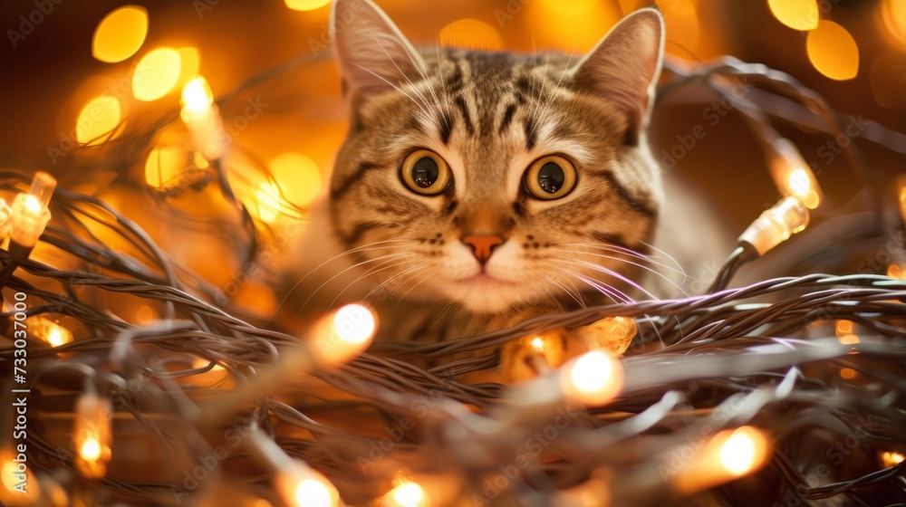 Poster Mischievous feline tangled up in a mess of string lights