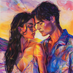 Ultracalistic drawing: two he and she, natural skin texture, skin pores, dark haired, fashionable fashion, iridescent colors of the rainbow, play of light and shadows, captured emotions, sunset backgr