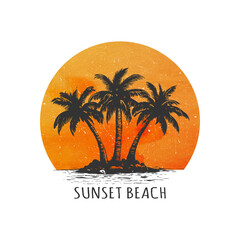 Sunset beach drawing vector illustration. Three silhouette of coconut trees with big sunset watercolor grunge drawing behind it. Summer beach drawing concept vector illustration.