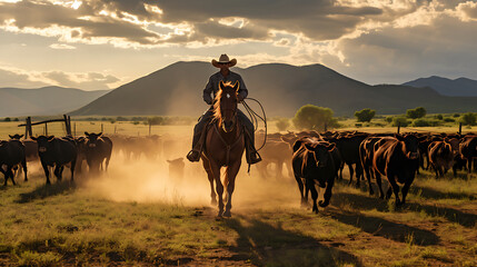 A cowboy on horseback herding cattle - obrazy, fototapety, plakaty