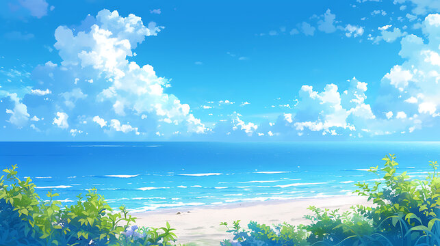 landscape with sea and sky, moon over the sea, ocean beach background in the night anime style generative ai