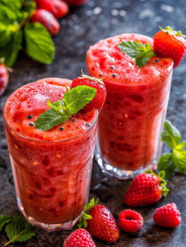 Fruit slush image, delicious smoothie closeup, strawberry and berries healthy drink / beverage 