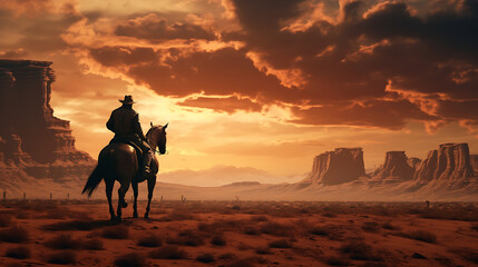 A cowboy riding a horse in a desert landscape - obrazy, fototapety, plakaty