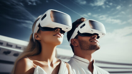 Portrait of a happy smiling enthusiastic Caucasian man and woman married couple in a virtual reality headset against a blue sky.