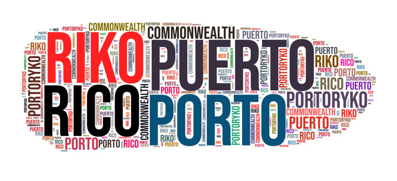 Puerto Rico country shape word cloud. Typography style country illustration. Puerto Rico image in text cloud style. Vector illustration.