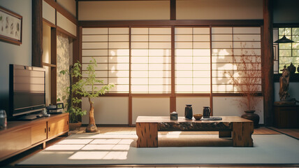 japanese design interior of a living room in a modern home - obrazy, fototapety, plakaty