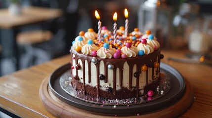 Birthday cake with candles on table in cafe, closeup view
