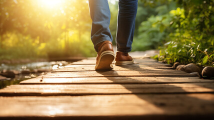 man is walking on small wood bridge to nature walk way