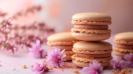 Handmade macaroons showcased on a pastel background. Macaroons in organic setting, copy space for text, mockup scene