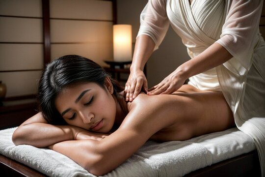 A woman lies comfortably with eyes closed, receiving a relaxing back massage in a serene spa setting