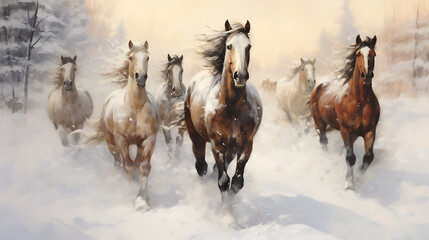 A group of horses in a snow-covered field - obrazy, fototapety, plakaty