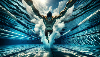 A dynamic image captures a swimmer diving powerfully into a pool, creating a splash, in a race against the backdrop of marked swimming lanes.Sport concept. AI generated.
