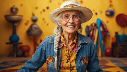 serene portrait of elderly native american woman with braids and white cowboy hat