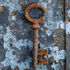 A hyper-detailed image of a rusty old key against a textured background, excellent for themes of history, mystery, and antique collections 