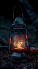 Fototapeta na wymiar An old-fashioned lantern emitting a soft light, the rusty texture and cracked glass pane telling stories of time, set against a dark, mysterious backdrop.