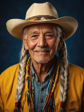 serene portrait of elderly native american man with braids and white cowboy hat