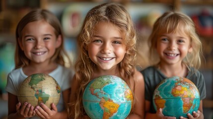 Smiling little girls holding globes that give Happiness and Positivity on International Day of Joy
