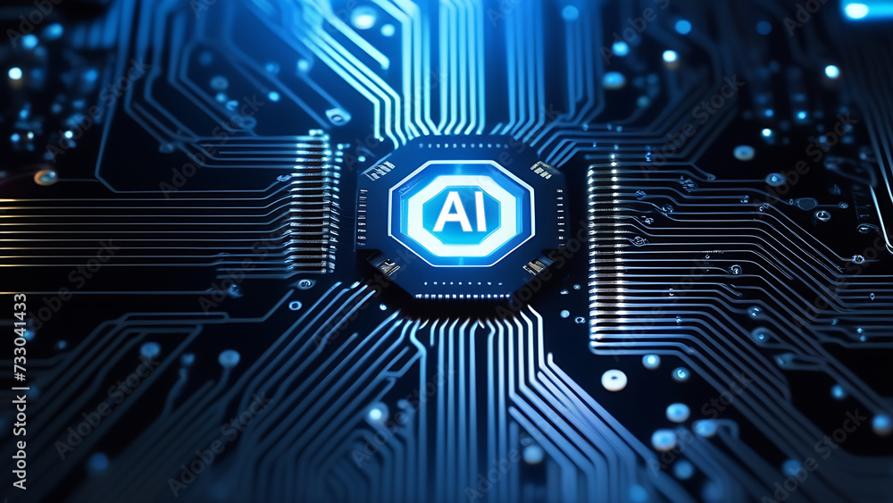 Leinwandbilder ai button, chip on circuit. artificial intelligence, neural network technology