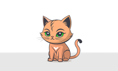 Vector cute cartoon ginger serious angry sad little sitting kitten with green big eyes. Kawaii anime pet.