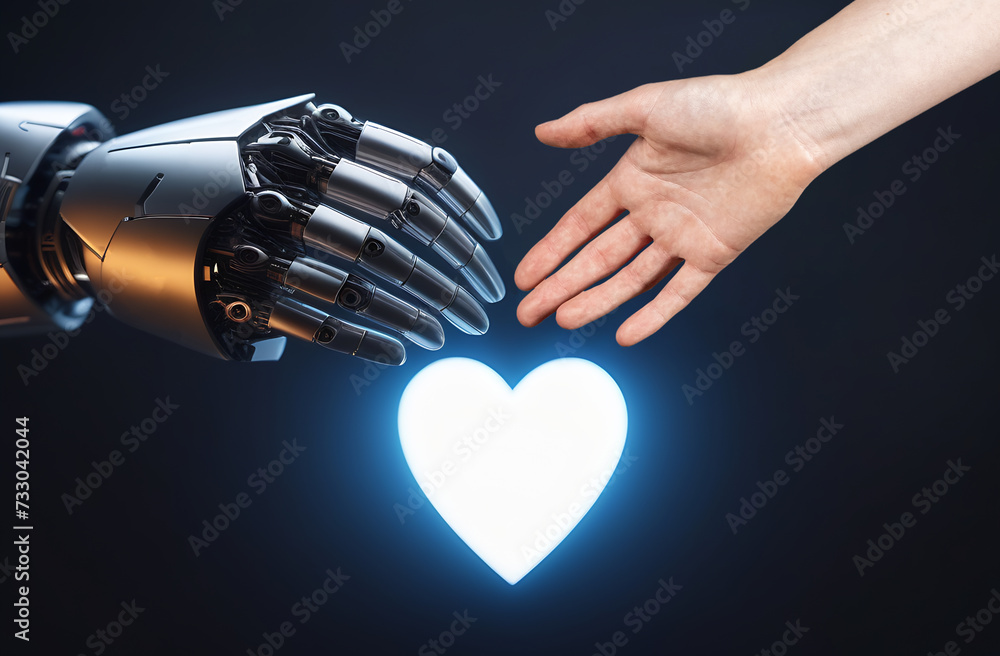 Poster love between ai and human, robot and person. romantic relationship with artificial intelligence