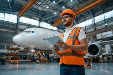 engineer stand holding digital tablet an airplane construction hangar, with an airplane being built in the background