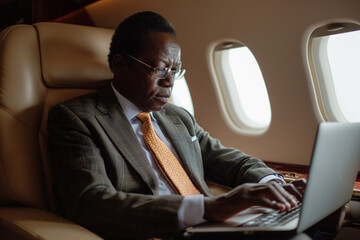 Handsome african middle aged businessman in suit working on laptop in plane during business trip