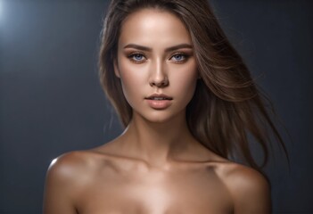 Beautiful young blue-eyed woman in the studio on a gray background. Close-up portrait. AI generated.